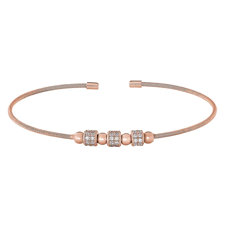 Custom friendship bracelets for best friends-Rose Gold Finish Sterling Silver Cable Cuff Bracelet with Three Spinning Simulated Diamond Beads