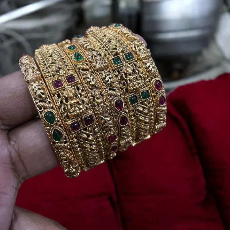 Vintage silver bangles for timeless beauty-Sona Creation Gold Plated Pota Stone Temple Bangle Set