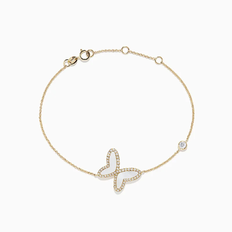 Minimalist bracelets for understated elegance-Nature 14K Gold Mother of Pearl & Diamond Butterfly Bracelet, 0.03 TCW