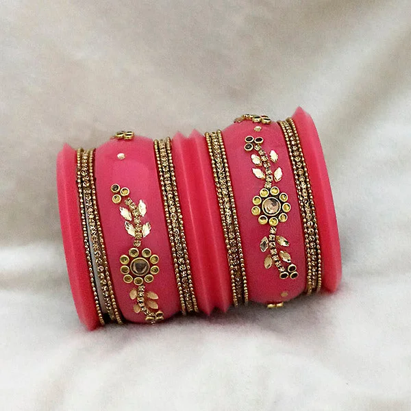 Ethnic-inspired bangles for traditional celebrations-Sejal Pink Color Austrian Stone Bangle Set  - 1403760D