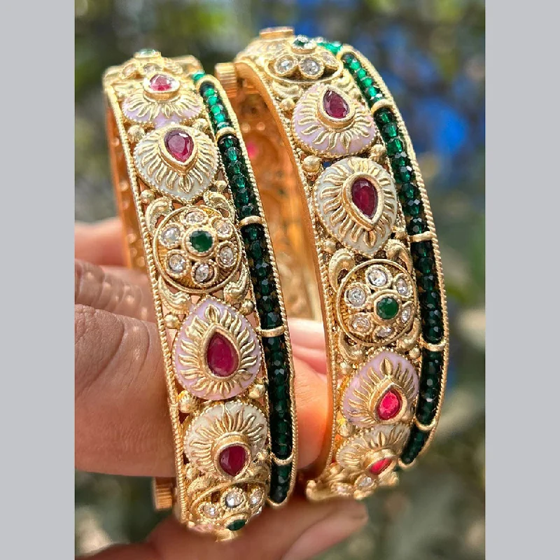 Personalized couple bangles for matching jewelry-Neetu Art Gold Plated Pota Stone And Pearls Meenakari Openable Bangles Set