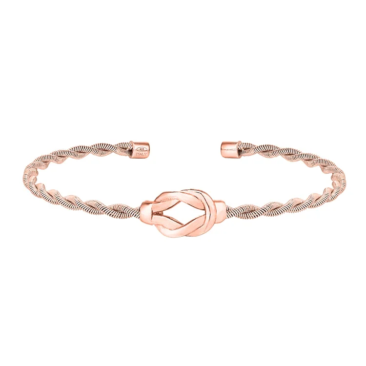 Gold bracelets for elegant sophistication-Rose Gold Finish Sterling Silver Thin Tightly Twisted Cable Cuff Bracelet with Central Open Knot