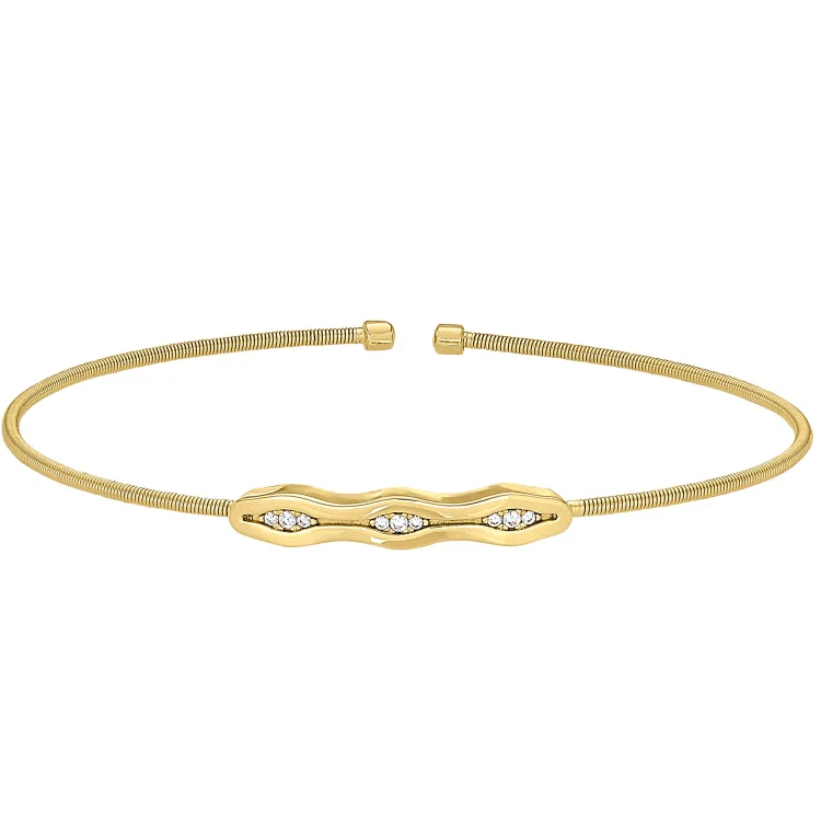 Multi-layered bracelets for a bohemian vibe-Gold Finish Sterling Silver Cable Cuff Bracelet with Simulated Diamonds & Polished Finish