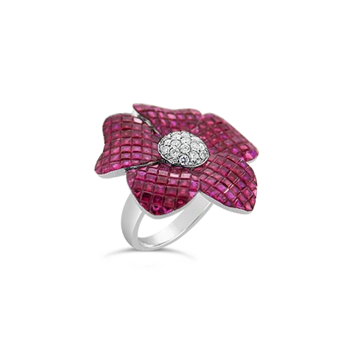 Gemstone rings for colorful, vibrant fashion-Ruby & Diamond Flower Ring