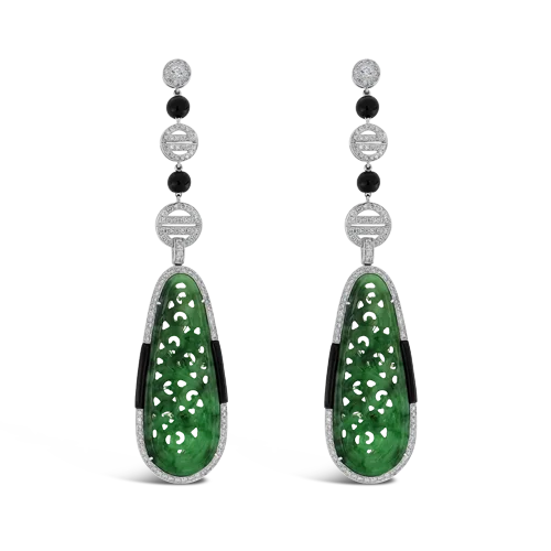 Dangle earrings for a dramatic look-Carved Jade & Diamond Dangle Earrings