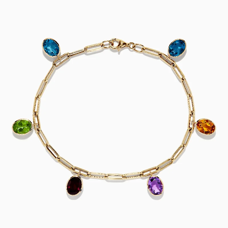 Floral bracelets for feminine charm-Mosaic 14K Yellow Gold Multi Gemstone Charm Bracelet 7.72 TCW