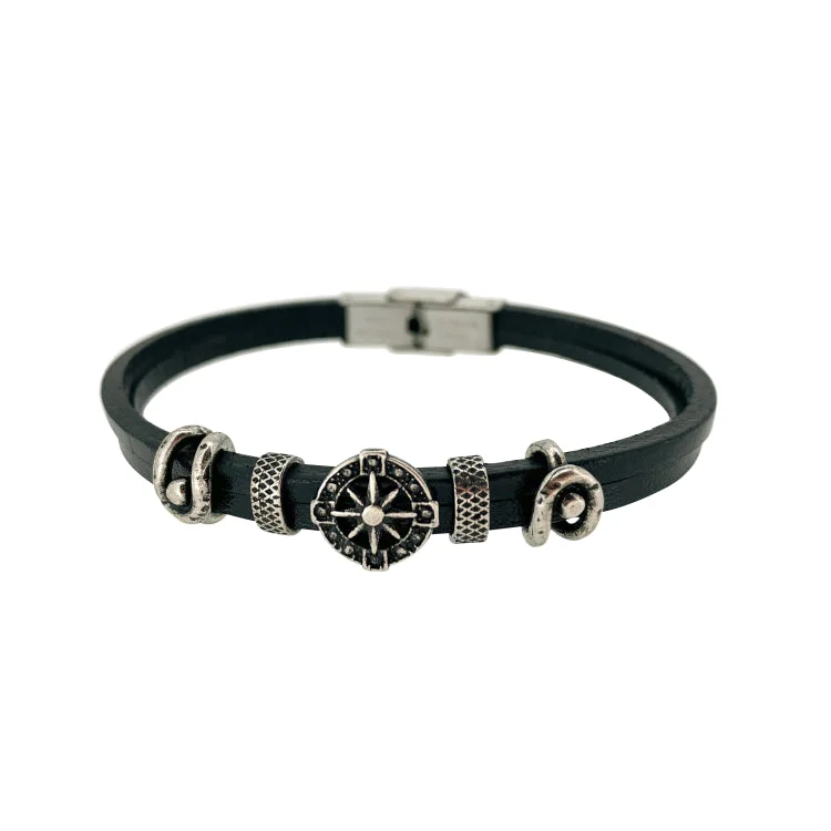 Engraved sterling silver bracelets for thoughtful gifts-Leather Cord Bracelet With Stainless Steel Nautical Design