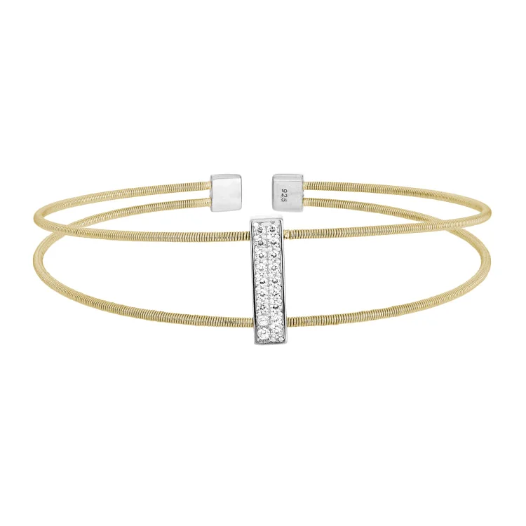 Eco-friendly bracelets for sustainable fashion-Gold Finish Sterling Silver Two Cable Cuff Bracelet with Rhodium Finish Simulated Diamond Double Row Vertical Bar