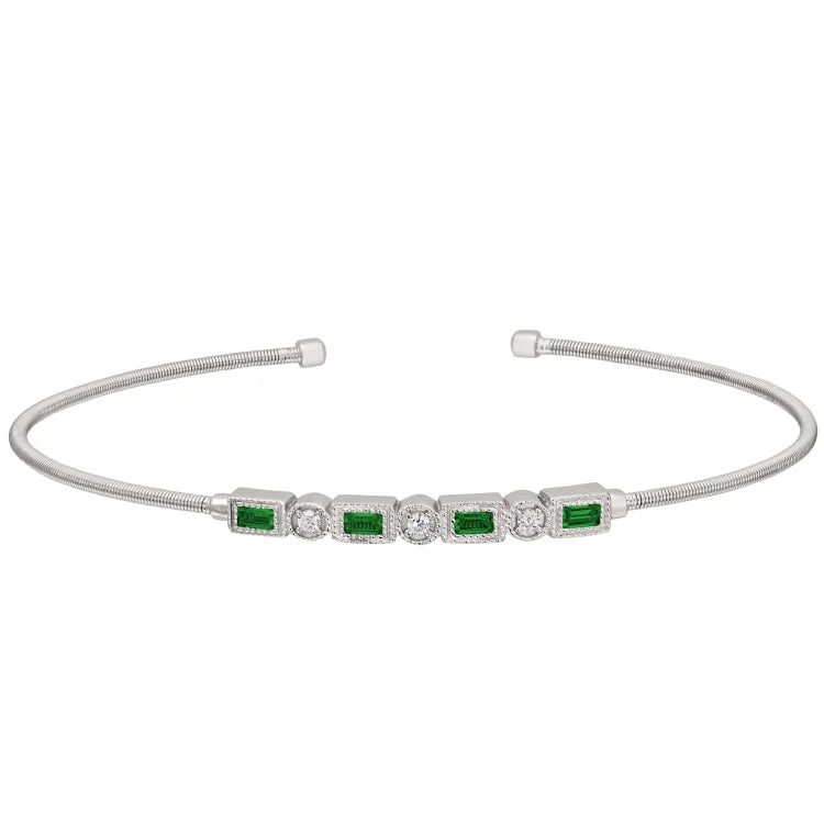 Geometric bracelets for contemporary style-Rhodium Finish Sterling Silver Cable Cuff Bracelet with Simulated Emeralds and Simulated Diamonds