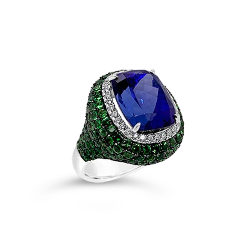 Wedding bands for him and her-Tanzanite, Tsavorite & Diamond Ring