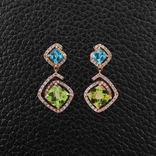 Custom gemstone earrings for personalized beauty-Peridot, Blue Topaz & Diamond Earrings