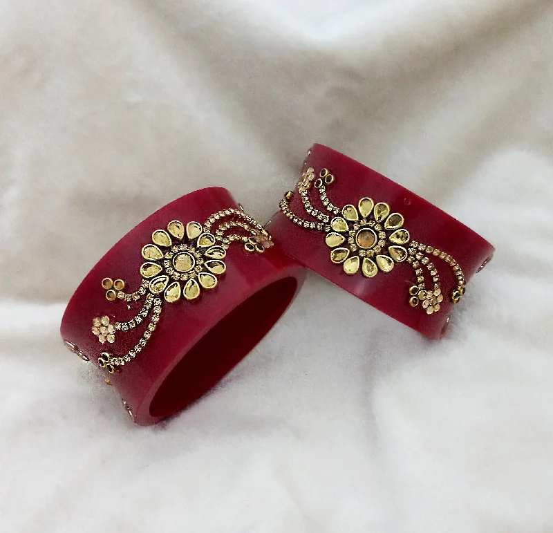 Modern cuff bangles for trendy style-Sejal Maroon Color Austrian Stone Bangle Set  - 1403749