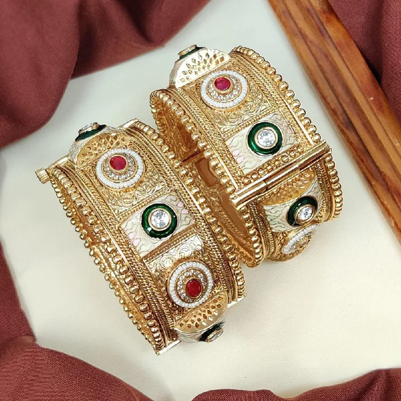 Beaded bangles for a bohemian vibe-Manisha Jewellery Gold Plated Kundan Stone And Meenakari Openable Bangles Set