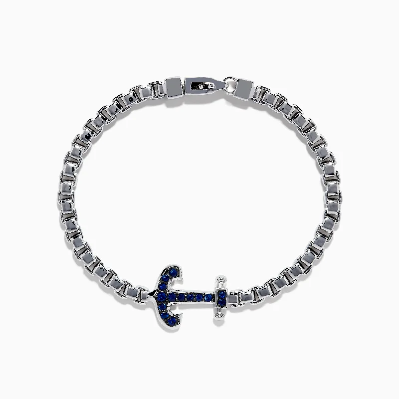 Hand-stamped bracelets for meaningful designs-Men's 925 Sterling Silver Blue Sapphire Anchor Box Chain Link Bracelet