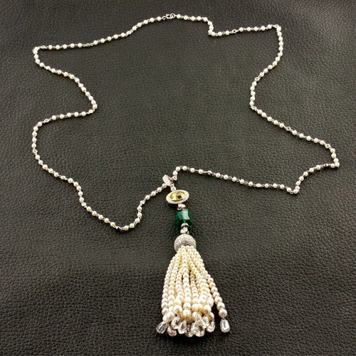 Simple bar necklaces for understated beauty-Diamond, Emerald & Pearl Tassel Necklace