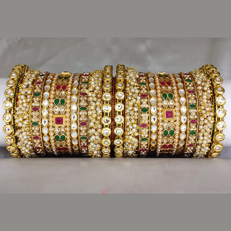 Simple cuff bangles for elegant style-Pooja Bangles Gold Plated Kundan Stone And Pearl Bangles Set