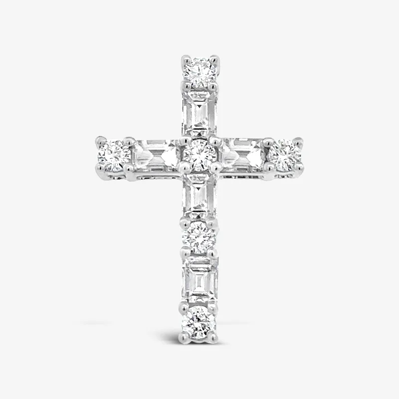 Silver necklaces for everyday wear-Prong Set Round & Baguette 0.70CT Diamond Cross Pendant