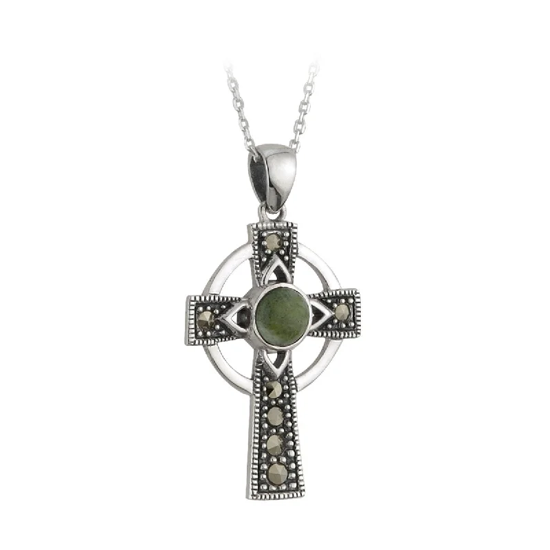 Diamond-encrusted pendants for luxury fashion-Connemara Marble Marcasite Cross