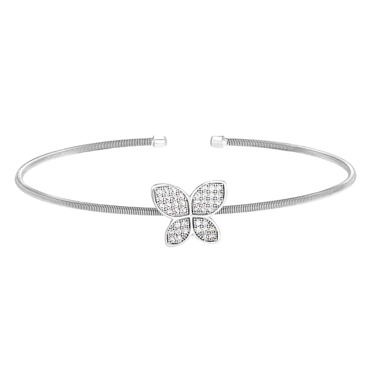 Leather bracelets for rugged fashion-Rhodium Finish Sterling Silver Cable Cuff Butterfly Bracelet with Simulated Diamonds