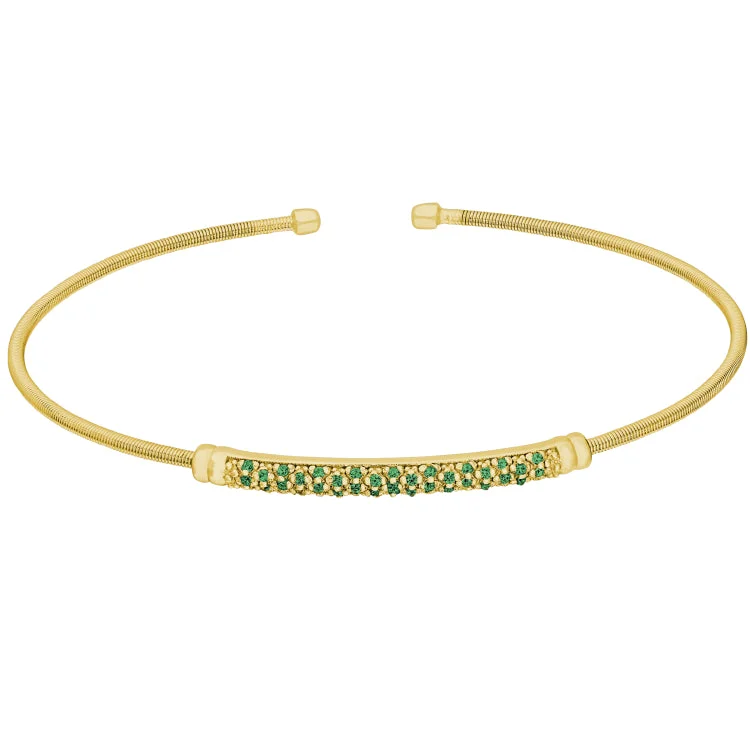 Designer bracelets for high-end fashion-Gold Finish Sterling Silver Cable Cuff Bracelet with Three Rows of Simulated Emerald Birth Gems - May