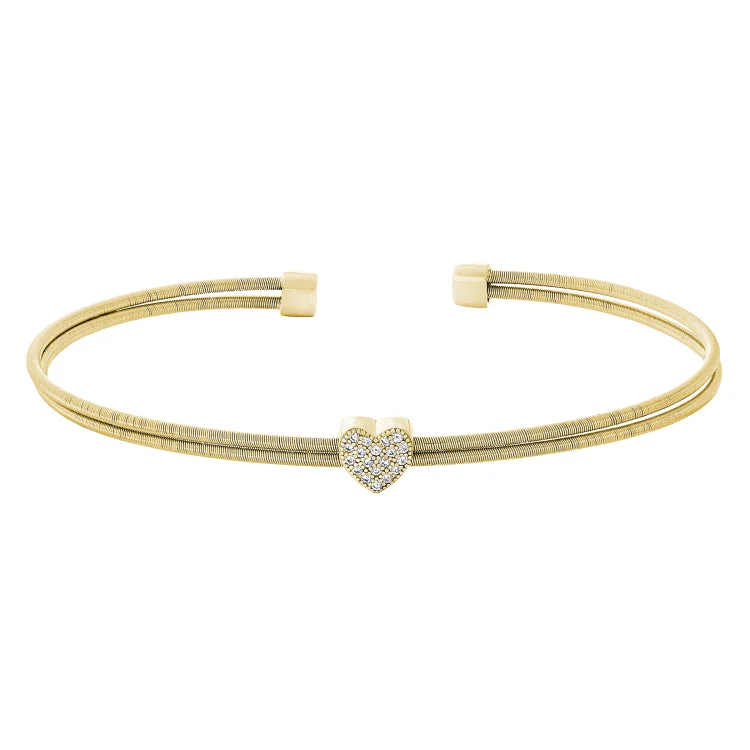 Custom engraved couples bracelets for matching gifts-Gold Finish Sterling Silver Two Cable Cuff Bracelet with Simulated Diamond Heart