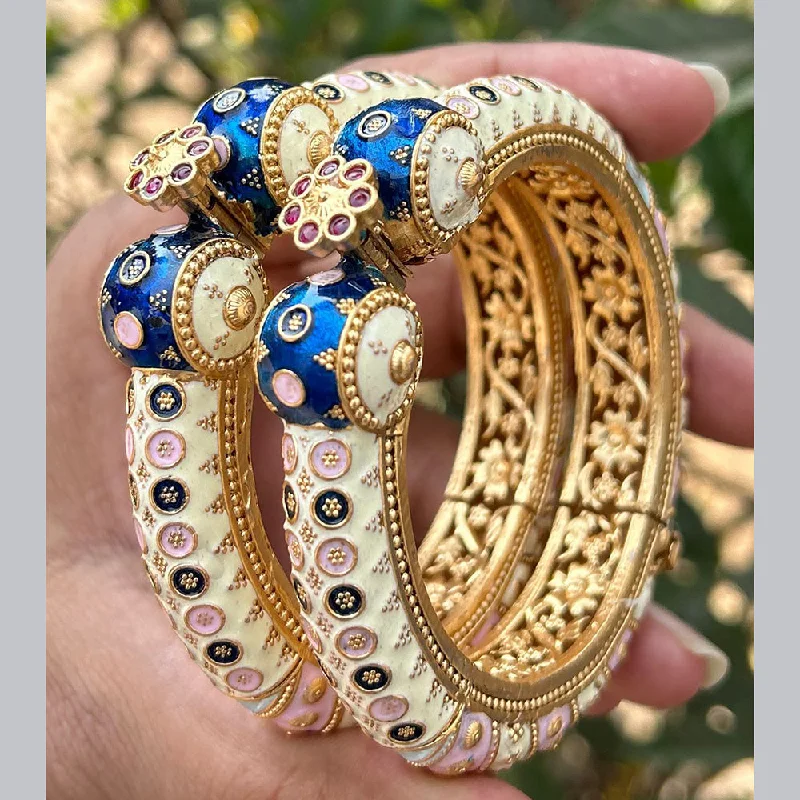 Vintage gold bangles for antique charm-Neetu Art Gold Plated Pota Stone Meenakari Openable Bangles Set