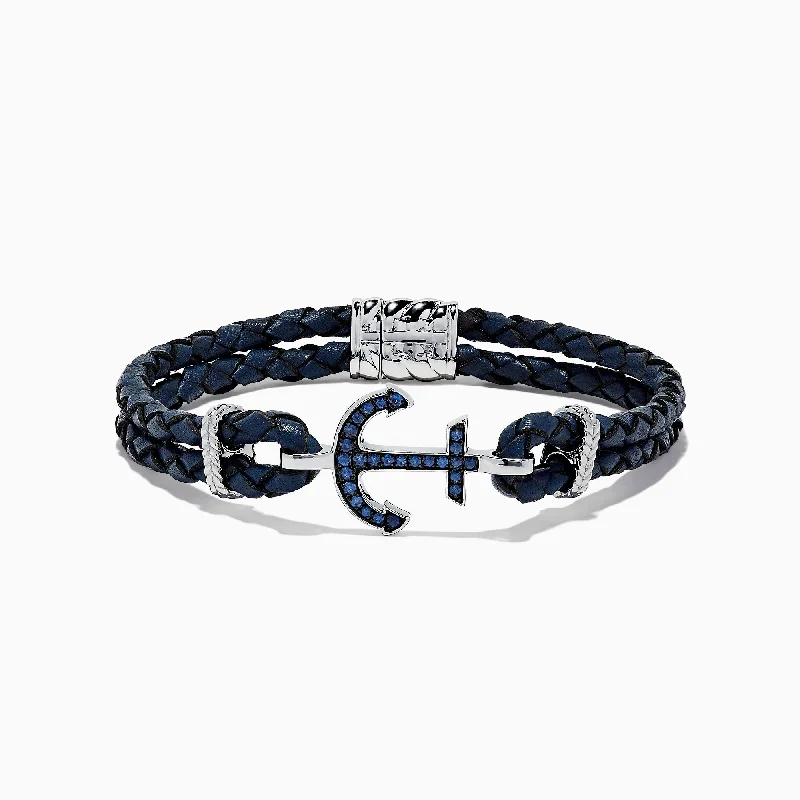 Simple cuff bracelets for sleek style-Men's Sterling Silver Woven Leather Sapphire Anchor Bracelet, 0.52 TCW