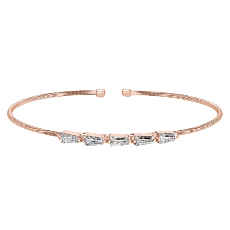 Fashionable braided bracelets for casual style-Rose Gold Finish Sterling Silver Cable Cuff 5 Tapered Baguettes Bracelet with Simulated Diamonds