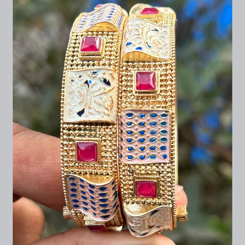 Simple cuff bangles for elegant style-Neetu Art Gold Plated Pota Stone Meenakari Openable Bangles Set