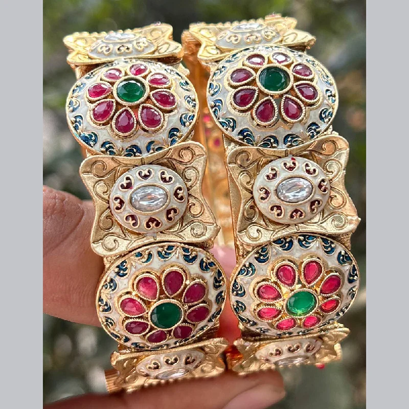 Gemstone bangles for colorful fashion-Neetu Art Gold Plated Pota Stone Meenakari Openable Bangles Set