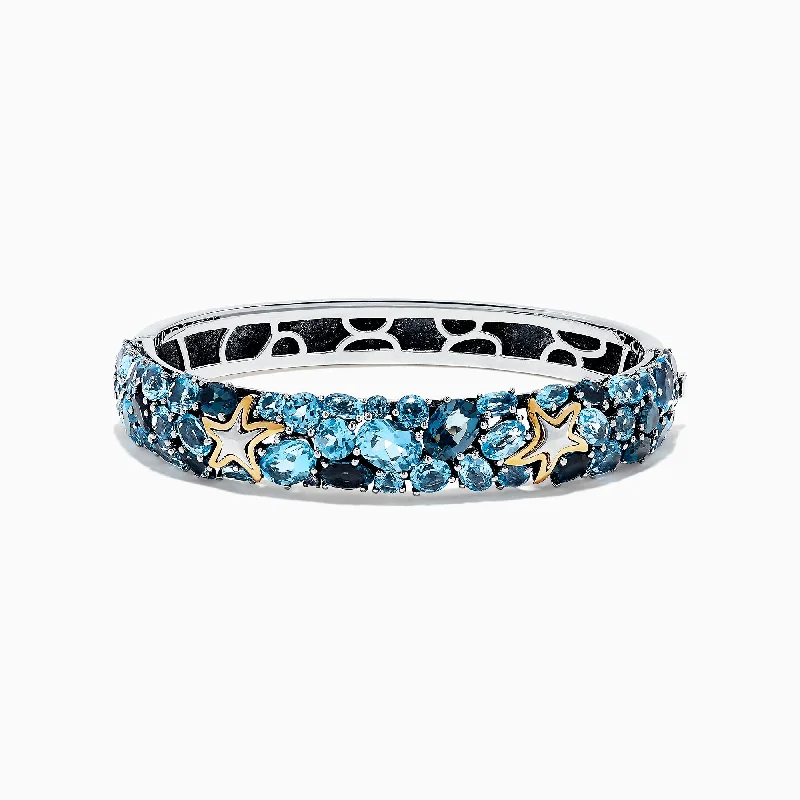 Luxury pearl and diamond bracelets for glamorous fashion-Seaside Silver and 18K Gold Blue Topaz Starfish Bangle, 26.80 TCW