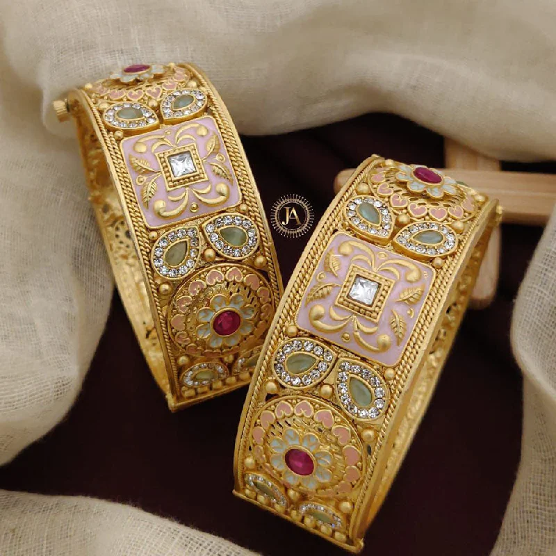 Hand-painted bangles for artistic style-Neetu Art Gold Plated Pota Stone Meenakari Openable Bangles Set