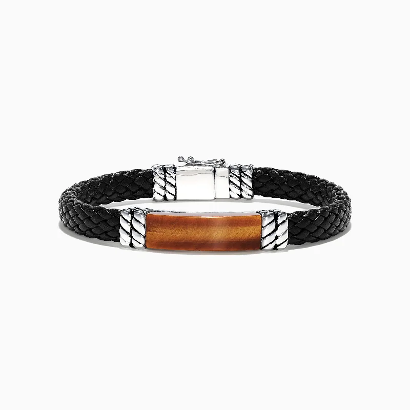 Friendship bracelets for meaningful connections-Men's Sterling Silver Leather Tiger's Eye Bracelet, 12.00 TCW