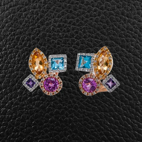 Adjustable hoop earrings for a perfect fit-Multi-color Gemstones & Diamond Earrings