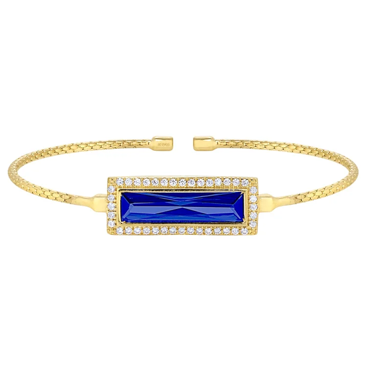 Tennis bracelets for glamorous charm-Gold Finish Sterling Silver Cable Cuff Bracelet with Rectangular Simulated Sapphire Stone and Simulated Diamonds