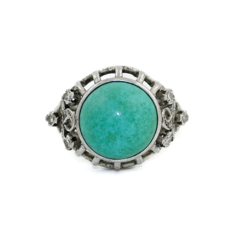 Adjustable silver rings for comfortable wear-14 k White Gold x Turquoise & Diamond Caged Cocktail Ring