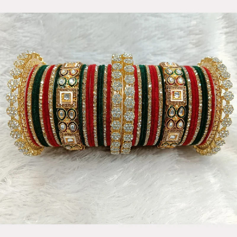 Simple cuff bangles for everyday wear-Pooja Bangles Gold Plated Austrian Stone Velvet Bangles Set