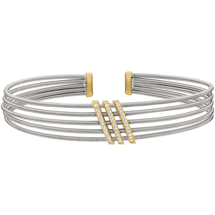 Wrap bracelets for boho-inspired fashion-Rhodium Finish Sterling Silver Multi Cable Cuff Bracelet with Gold Finish Simulated Diamond Three Diagonal Bars