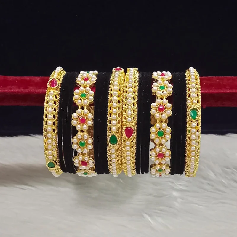 Vintage-style bangles for retro flair-Pooja Bangles Gold Plated Pota Stone And Pearls Velvet Bangles Set