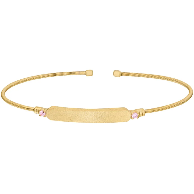 Personalized quote cuff bracelets for unique gifts-Gold Finish Sterling Silver Cable Cuff Bracelet with Name Plate and Simulated Pink Sapphire Birth Gems - October