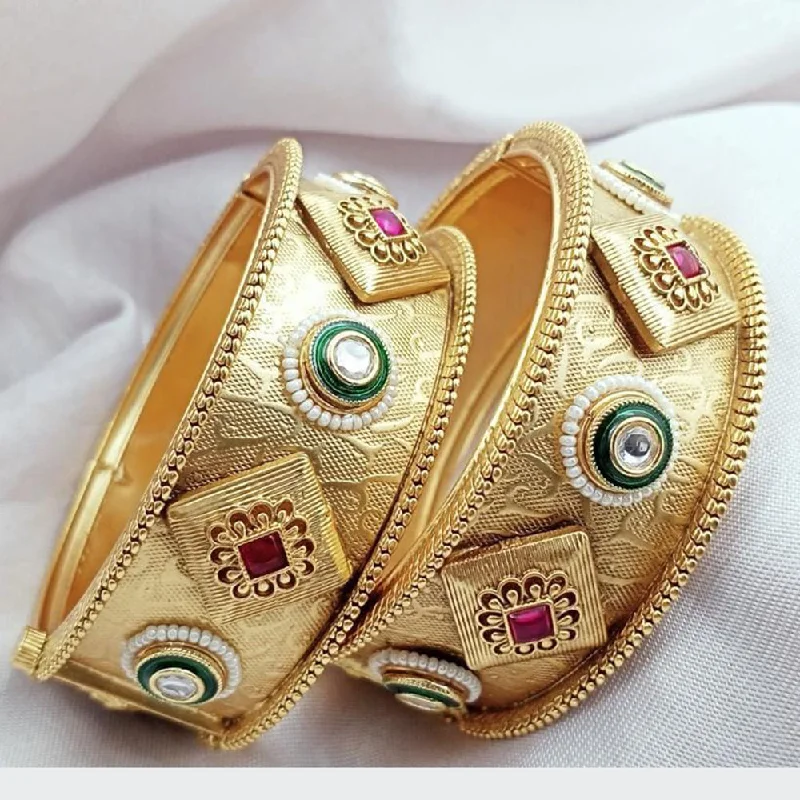 Personalized name bangles for unique accessories-Kavita Art Gold Plated Austrian Stone And Pearls Openable Bangles Set