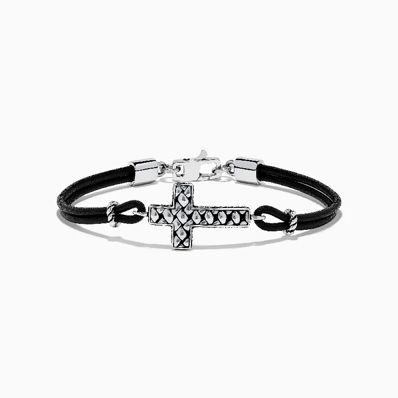 Geometric beaded bracelets for unique looks-Men's 925 Sterling Silver and Leather Cross Bracelet