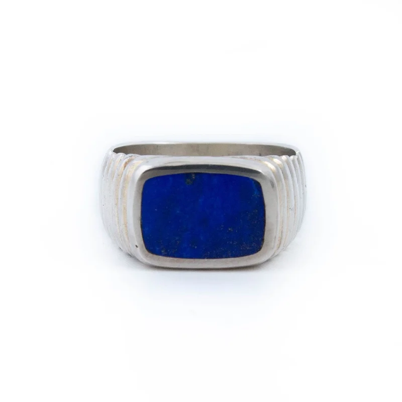 Wedding bands for him and her-Ridged Lapis Inlay Ring