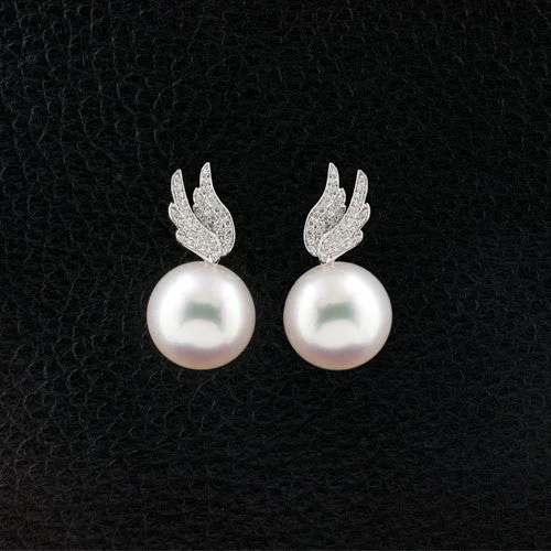 Custom engraved stud earrings for personalized gifts-Pearl & Diamond Wing Earrings