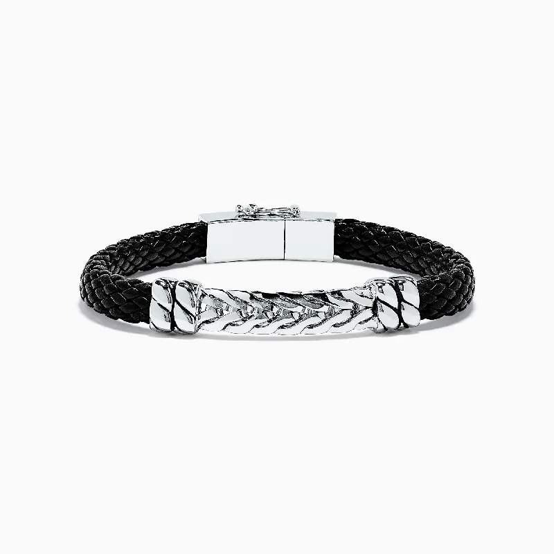 Colorful woven bracelets for beach vibes-Men's Sterling Silver Woven Leather Bracelet