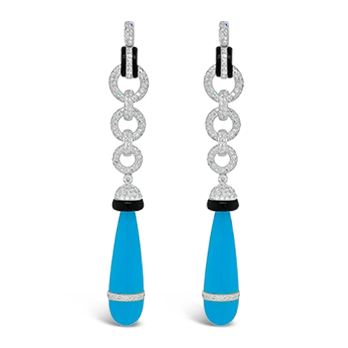 Unique wire earrings for contemporary design lovers-Turquoise, Onyx & Diamond Earrings