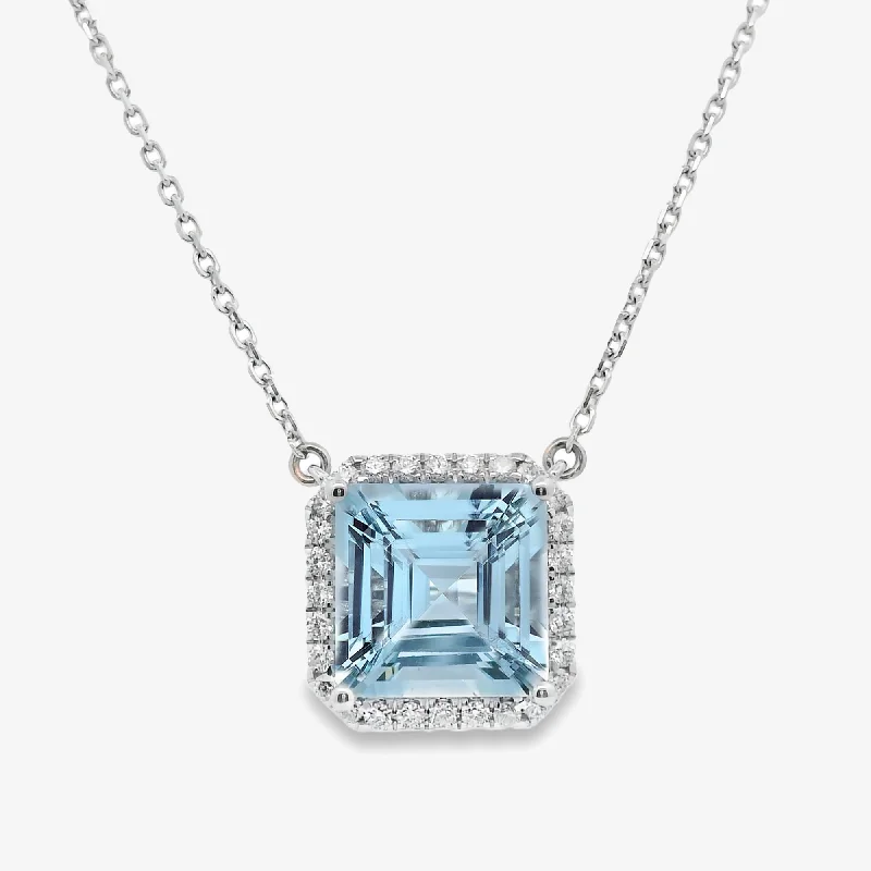 Custom birthstone necklaces for family gifts-5.48CT Aquamarine and Diamond Halo Necklace