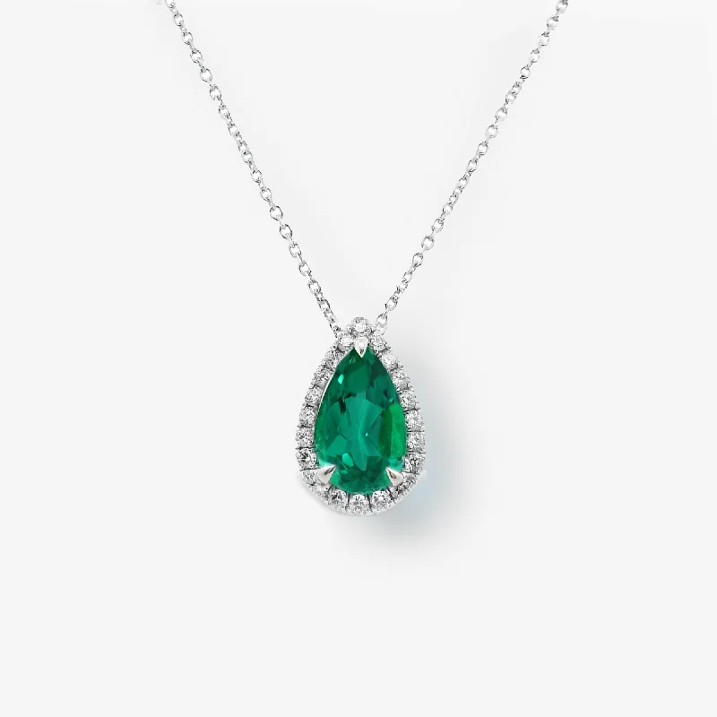 Bohemian-inspired necklaces for free-spirited vibes-2.16CT Pear Shaped Emerald & Diamond Halo Necklace