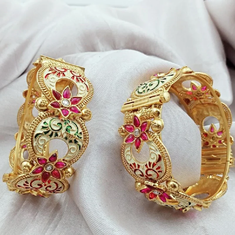 Traditional Indian bangles for cultural fashion-Kavita Art Gold Plated Kundan Stone And Meenakari Openable Bangles Set