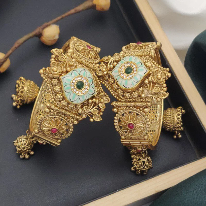 Vintage gold bangles for antique charm-Akruti Collection Gold Plated Pota Stone And Meenakari Openable Bangle Set